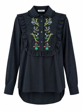 Vivetta Embroidered Blouse Black Floral Cotton Poplin Bib Ruffle Shirt IT 38